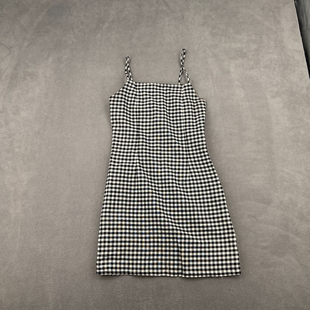 Womens Mini Dress Black White Gingham Square-Neck Adjustable Strap Classic Fit